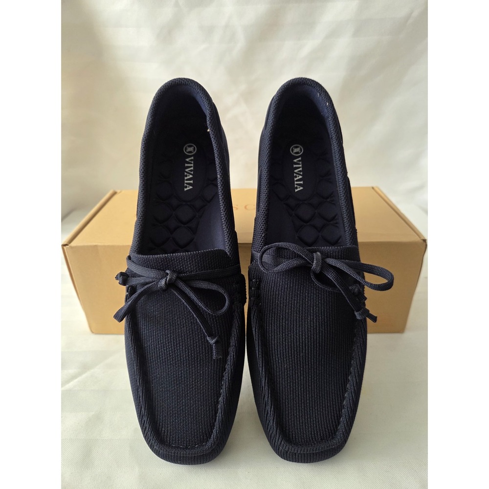 Vivaia Navy Knit Loafers Square Toe Driving Mocs Blue Bow Flats New US 9 EU 40 - Picture 10 of 15